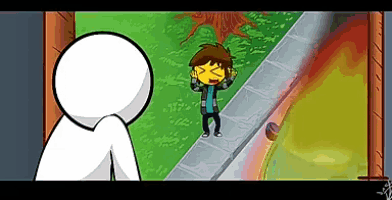 a cartoon of a boy with a yellow face covering his ears standing on a sidewalk