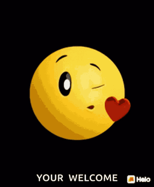 a smiley face is blowing a kiss with a red heart in its mouth and the words `` your welcome '' below it .