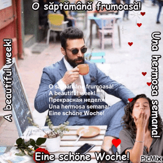 a man sitting at a table drinking a cup of coffee with a woman blowing a kiss