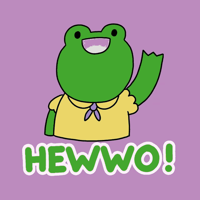 a green frog with a yellow shirt and blue tie says hewwo on a purple background