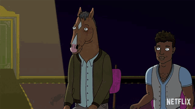 a cartoon of a man with a horse head standing next to a man with a netflix logo