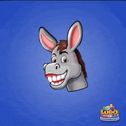 a donkey 's head is on a blue background with a ludo club logo behind it