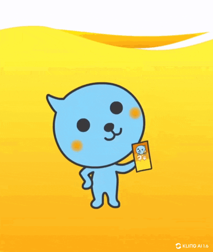 a drawing of a blue cat on a yellow background with kling ai 1.6 written on the bottom