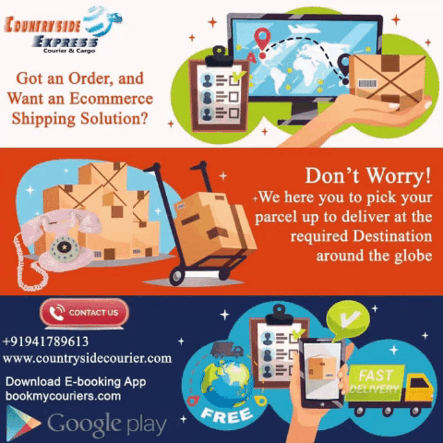 an advertisement for countryside express courier & cargo shows boxes on a cart