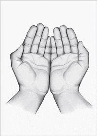 a black and white drawing of a pair of hands reaching out
