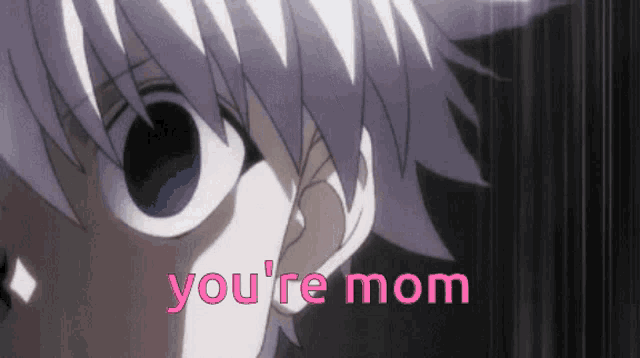a close up of a person 's face with the words you 're mom in pink