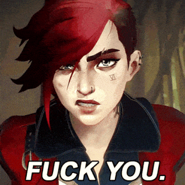 a woman with red hair and the words fuck you on the bottom
