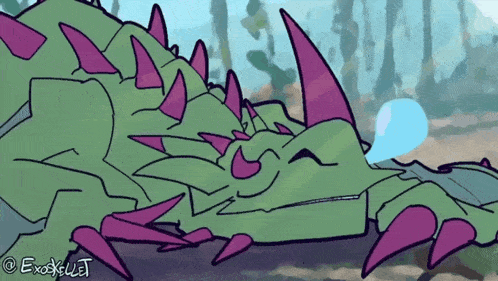 a drawing of a green and purple dragon with exoskeletal written in the corner