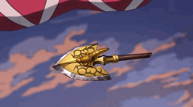 a cartoon drawing of a gold and silver axe with a wooden handle