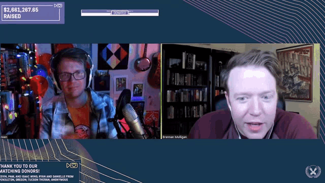 two men on a video call with a donation of $ 2,612,267.65 raised