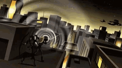 a cartoon scene of a city with a few planes flying overhead