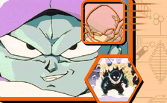 a cartoon of a man with a purple hat and a monster