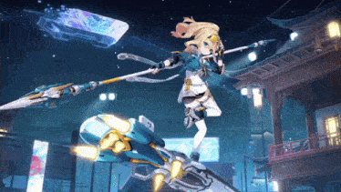 a girl is holding a spear and riding a rocket in a video game