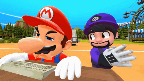 a cartoon of mario and a cartoon character with a skull on their hat