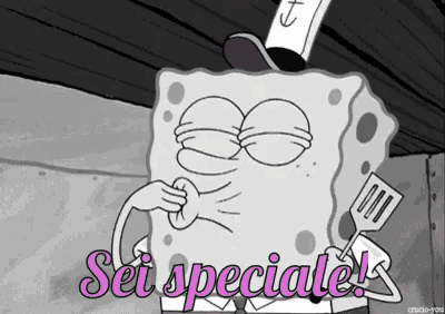 a black and white cartoon of spongebob holding a spatula and saying sei speciale