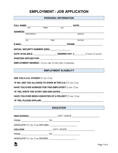 an employment / job application with a personal information section on page 1 of 4