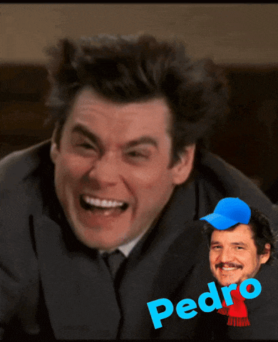 a man in a suit and tie is laughing with the name pedro written on the bottom