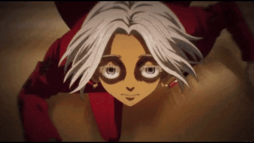 a close up of a person with white hair and big eyes