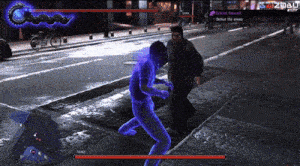 a video game screen shows a man fighting another man with the words defend yourself on the bottom right