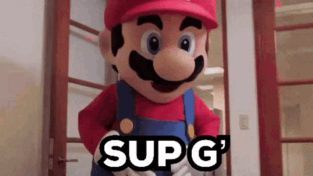 a mario mascot is standing in front of a door with the words sup g ' written on it