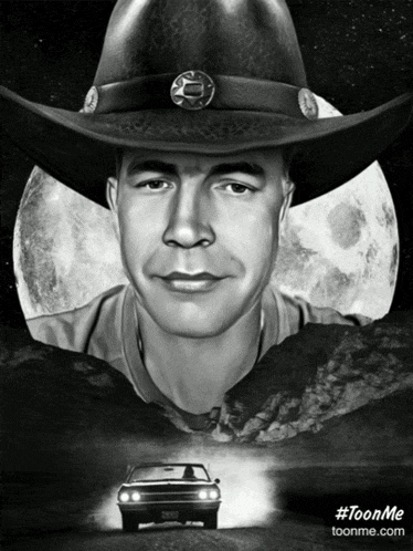 a black and white drawing of a man wearing a cowboy hat and a car