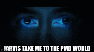 a gif of a person 's face with the words jarvis take me to the pmd world below it .
