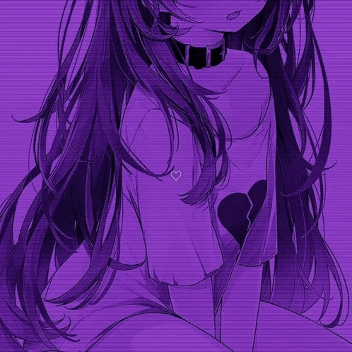the girl is wearing a purple shirt with a broken heart on it .