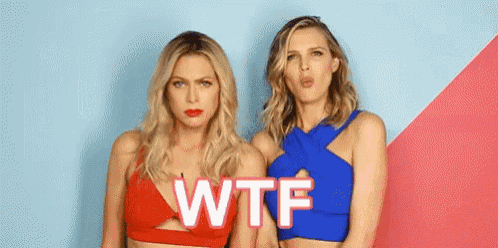 two women in bikinis are standing next to each other with the word wtf written on the front of one of them .