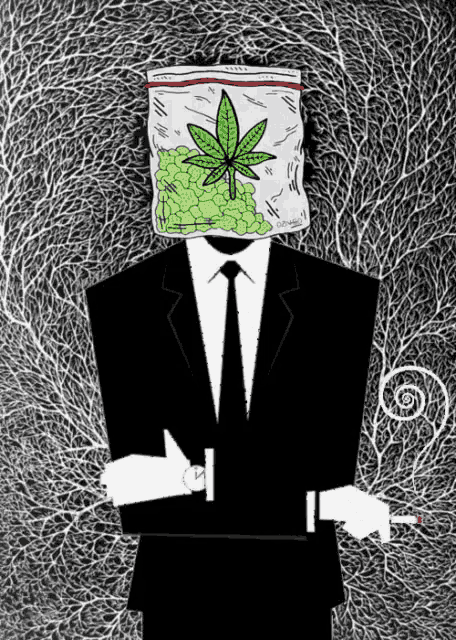 a man in a suit and tie with a bag of marijuana on his head