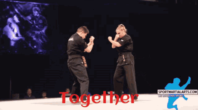two martial arts fighters on a stage with the word together in red letters