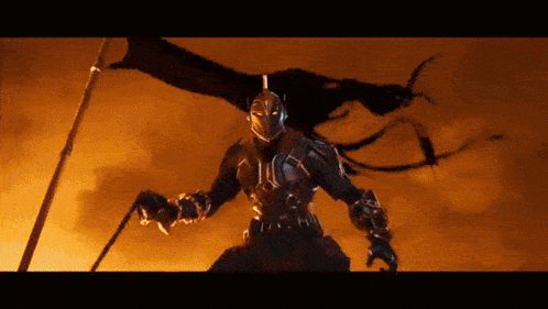 a knight in armor is holding a spear in front of a fire background