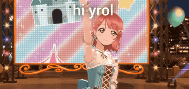 a girl in a blue dress is standing in front of a large screen that says " hi yrol "
