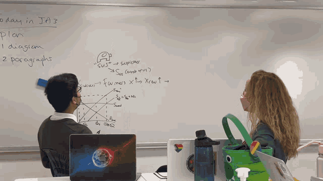 two people are sitting in front of a whiteboard that says today in ja3