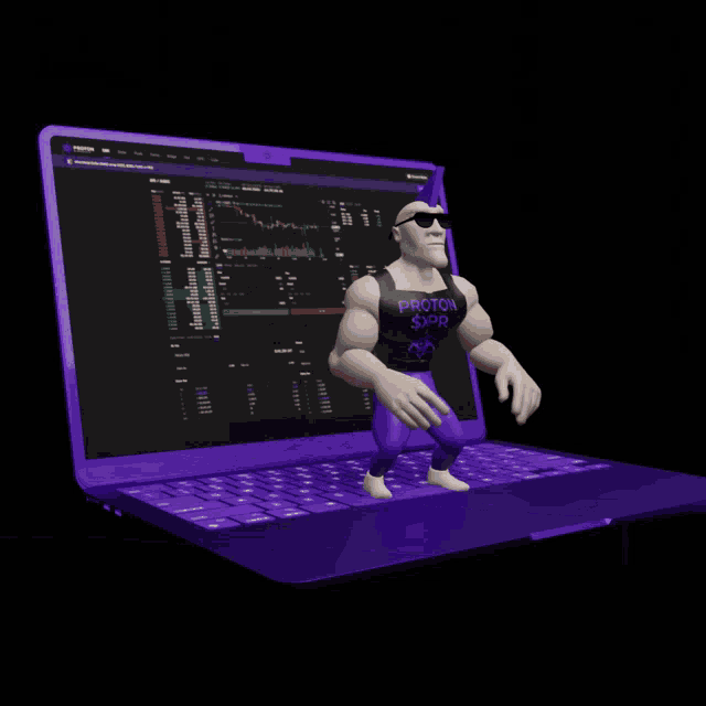 a cartoon character wearing a shirt that says proton sxpr stands in front of a laptop