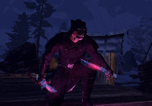 a video game character is holding a pair of glowing knives