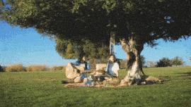 a woman playing a guitar under a tree with two other women