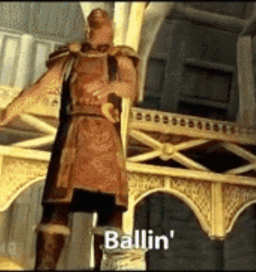 a man in armor is standing in front of a building with the word ballin written on the bottom .
