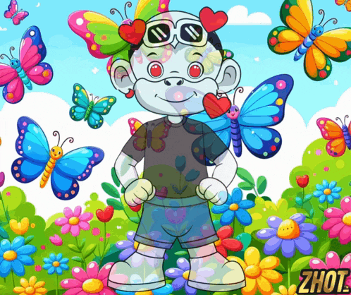 a cartoon of a boy surrounded by butterflies and flowers with zhut written on the bottom right
