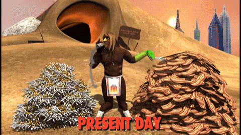 a cartoon of a man standing next to a pile of bacon with present day written on the bottom