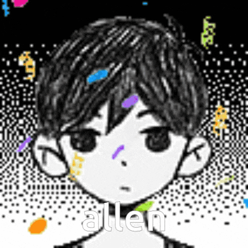 a black and white drawing of a boy with the word allen on the bottom