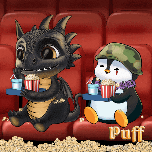 a dragon and a penguin are sitting in a theater eating popcorn and drinks