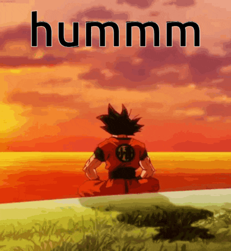 a cartoon of goku sitting on a hill with the word hummm written above him