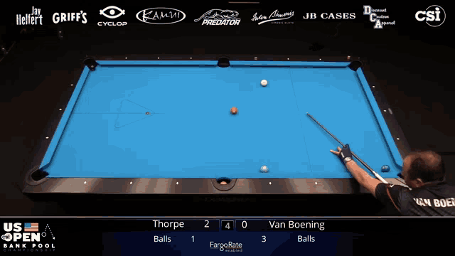 a pool table with a blue cloth and a man playing pool