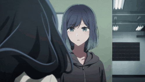 a girl with blue hair is looking at another girl