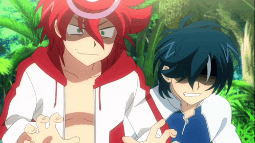 two anime characters are standing next to each other and one has a red hat on