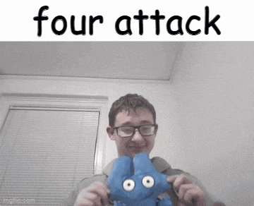 a boy with glasses is holding a stuffed animal that says four attack on it .