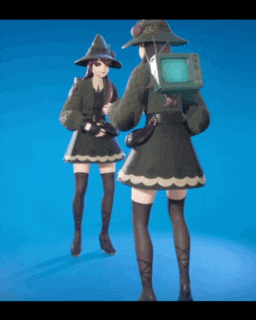 two anime girls are standing next to each other with one holding a television on her back