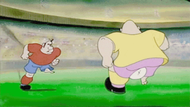 two cartoon characters are playing soccer on a field with a stadium in the background