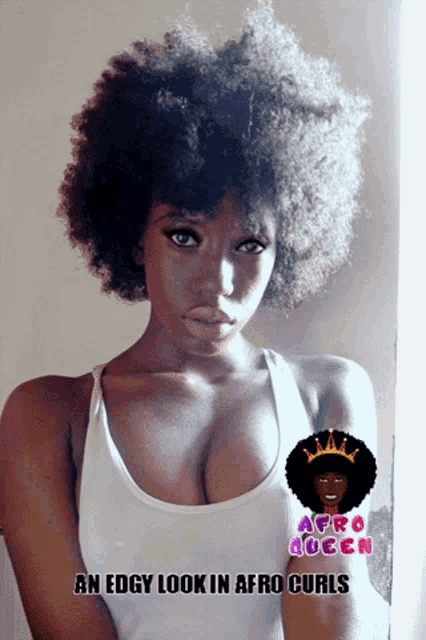 a picture of a woman with afro curls and the words afro queen