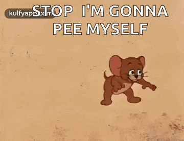a cartoon of jerry laying on the ground with the words `` stop i 'm gonna pee myself '' above him .
